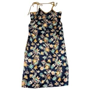 Nordstrom Velveteen Trim Satin Sleeping Gown Navy Peacoat Paisley Floral Size M